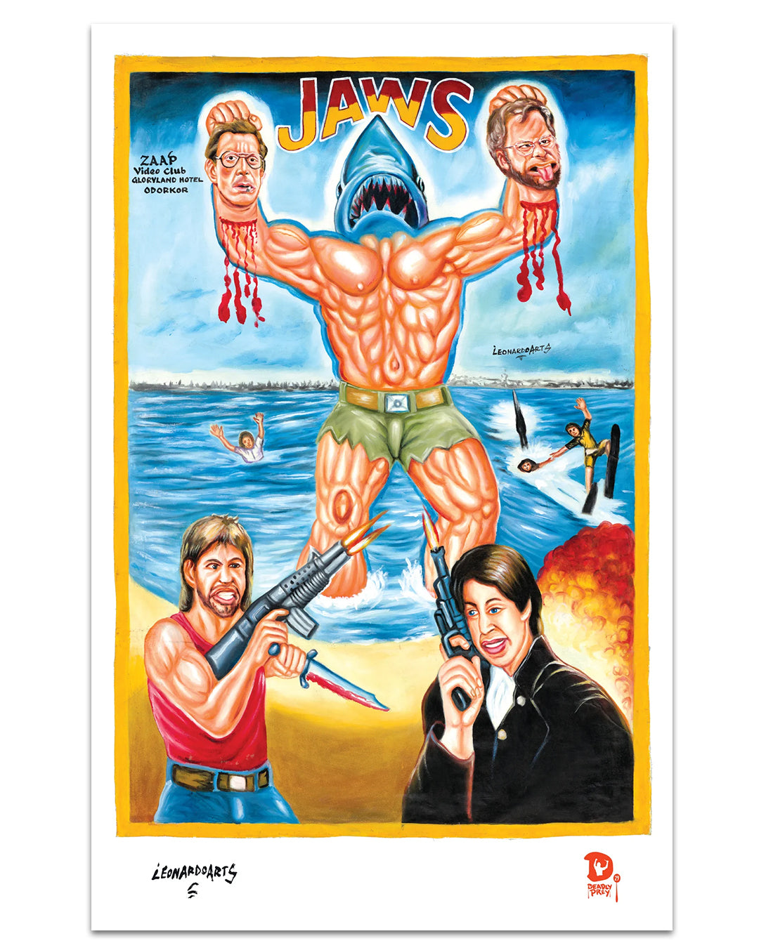 A surreal, colorful Deadly Prey print depicts a muscular shark-man with two severed heads, surrounded by armed figures, water skiers, and explosions. The word JAWS is displayed above the shark-man.