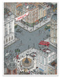 Archival pigment print by Liam Tooher depicting a deserted, chaotic city intersection with damaged vehicles, debris, rooftop scenes, and a lone figure beneath a banner reading 28 Days Later.