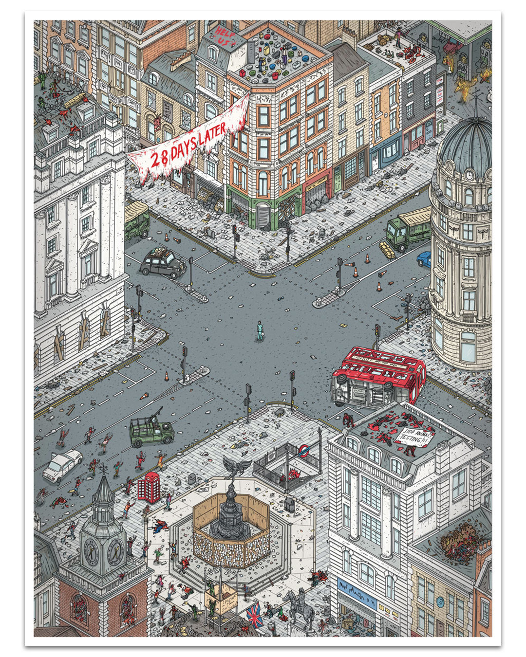 Archival pigment print by Liam Tooher depicting a deserted, chaotic city intersection with damaged vehicles, debris, rooftop scenes, and a lone figure beneath a banner reading 28 Days Later.