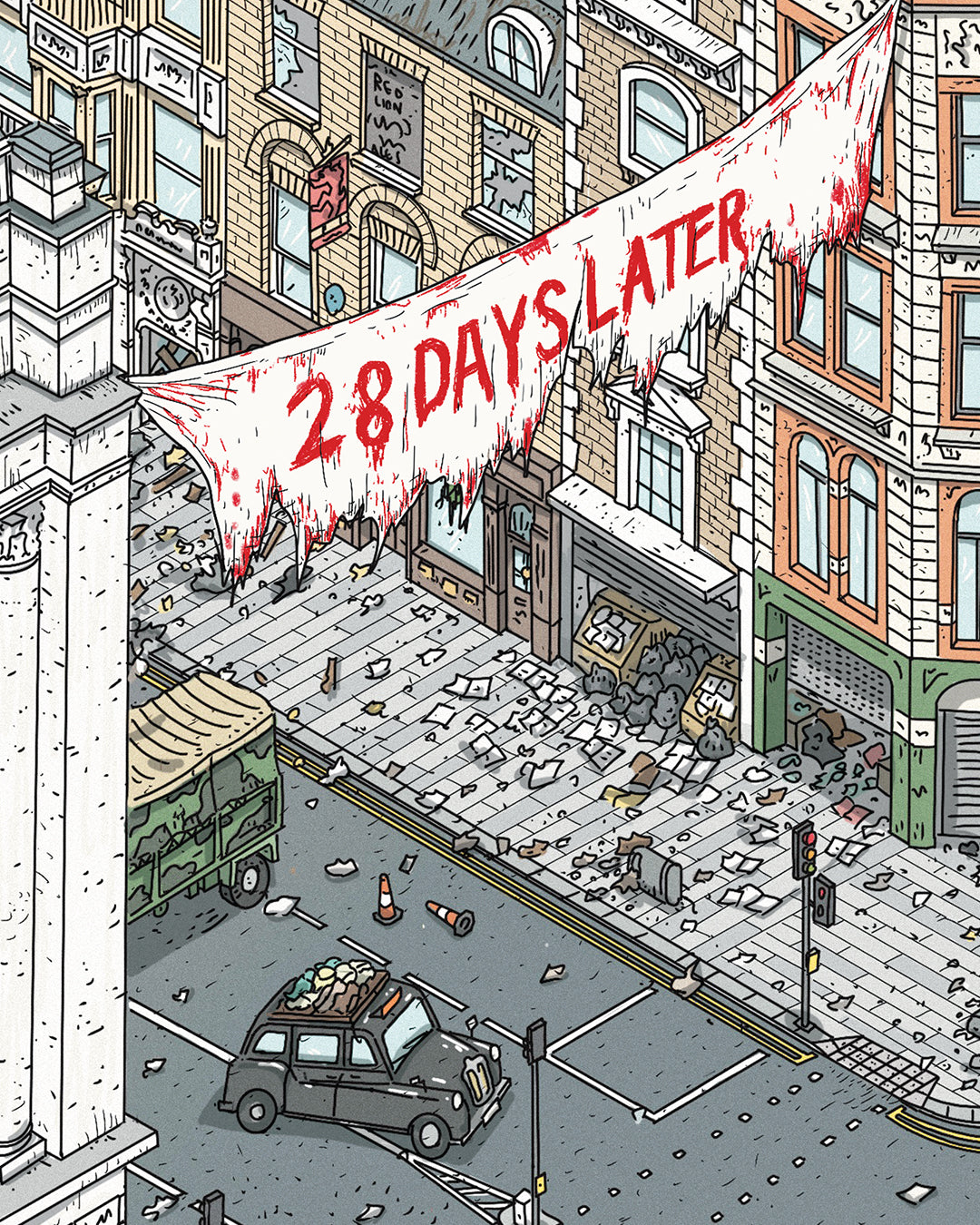 A city street strewn with debris and abandoned cars is captured in this striking archival pigment print by Liam Tooher, featuring a torn 28 DAYS LATER banner that evokes a haunting, post-apocalyptic atmosphere.