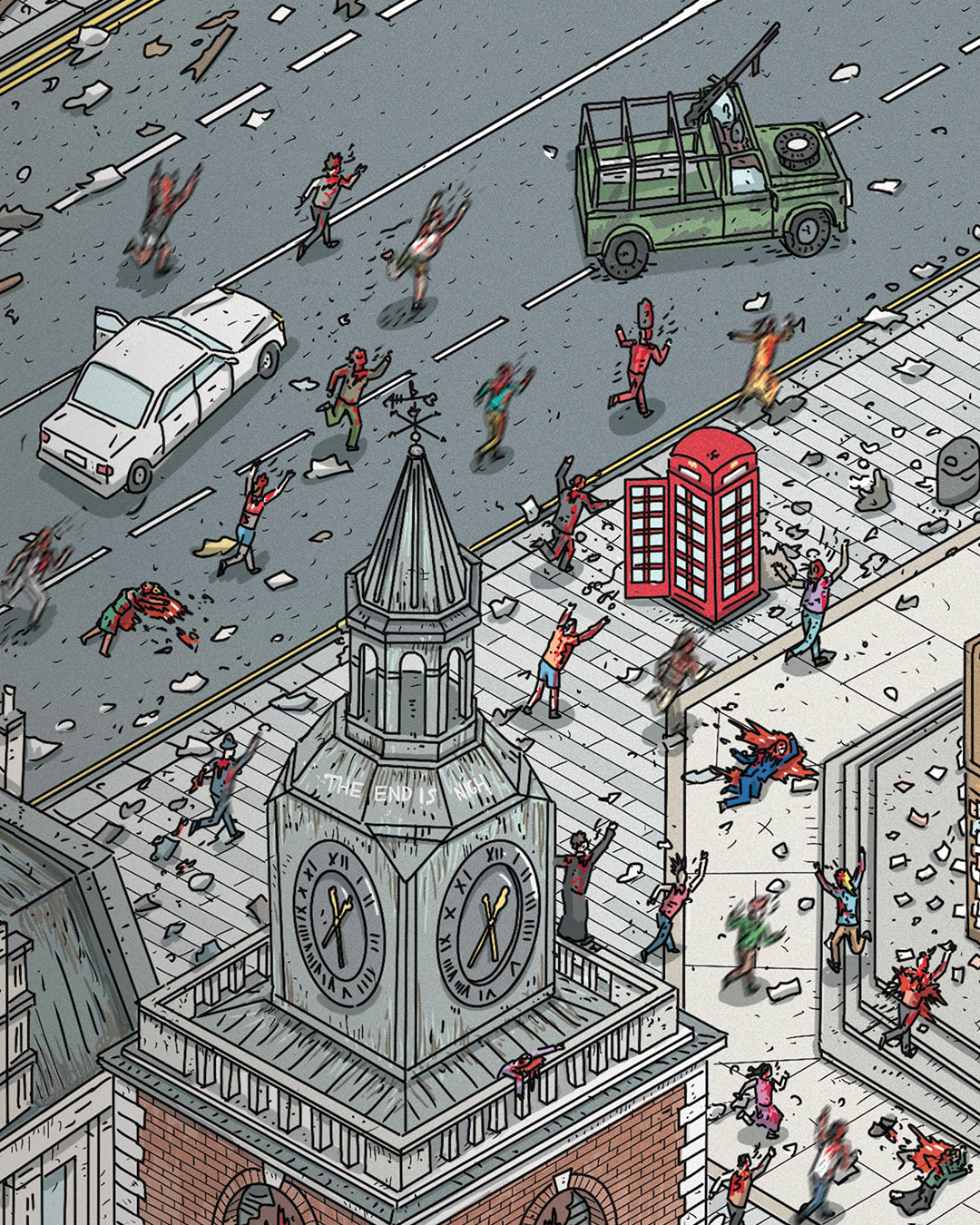 An archival pigment print by Liam Tooher depicts a city scene with panicked people, debris, a military truck, red phone booth, and clock tower showing 4:30—capturing drama and urgency in striking detail.