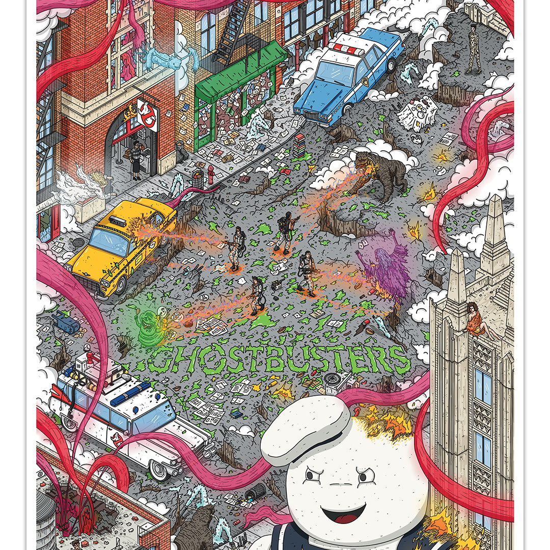 Experience the lively chaos of a city street in this Liam Tooher art print, featuring Ecto-1, police and taxis, swirling pink ghosts, and the iconic Stay Puft Marshmallow Man smiling amid the action.