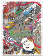Experience the lively chaos of a city street in this Liam Tooher art print, featuring Ecto-1, police and taxis, swirling pink ghosts, and the iconic Stay Puft Marshmallow Man smiling amid the action.