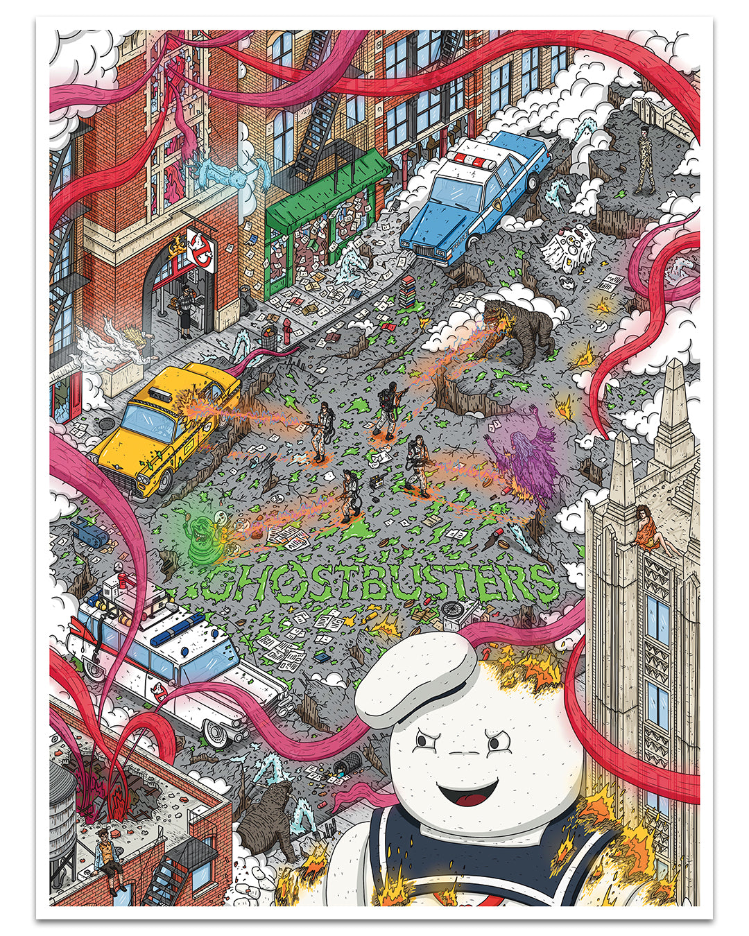 Experience the lively chaos of a city street in this Liam Tooher art print, featuring Ecto-1, police and taxis, swirling pink ghosts, and the iconic Stay Puft Marshmallow Man smiling amid the action.