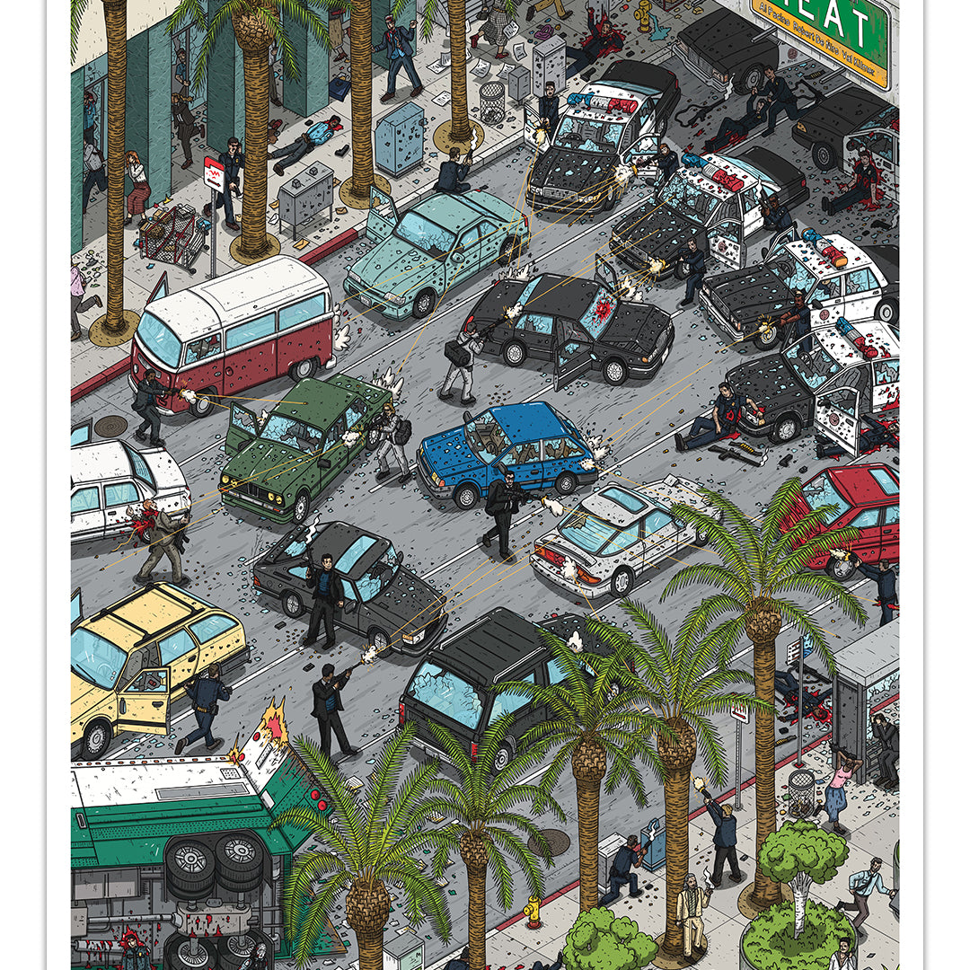 Illustration of a busy city street with cars, pedestrians, and palm trees.