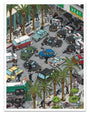 Illustration of a busy city street with cars, pedestrians, and palm trees.