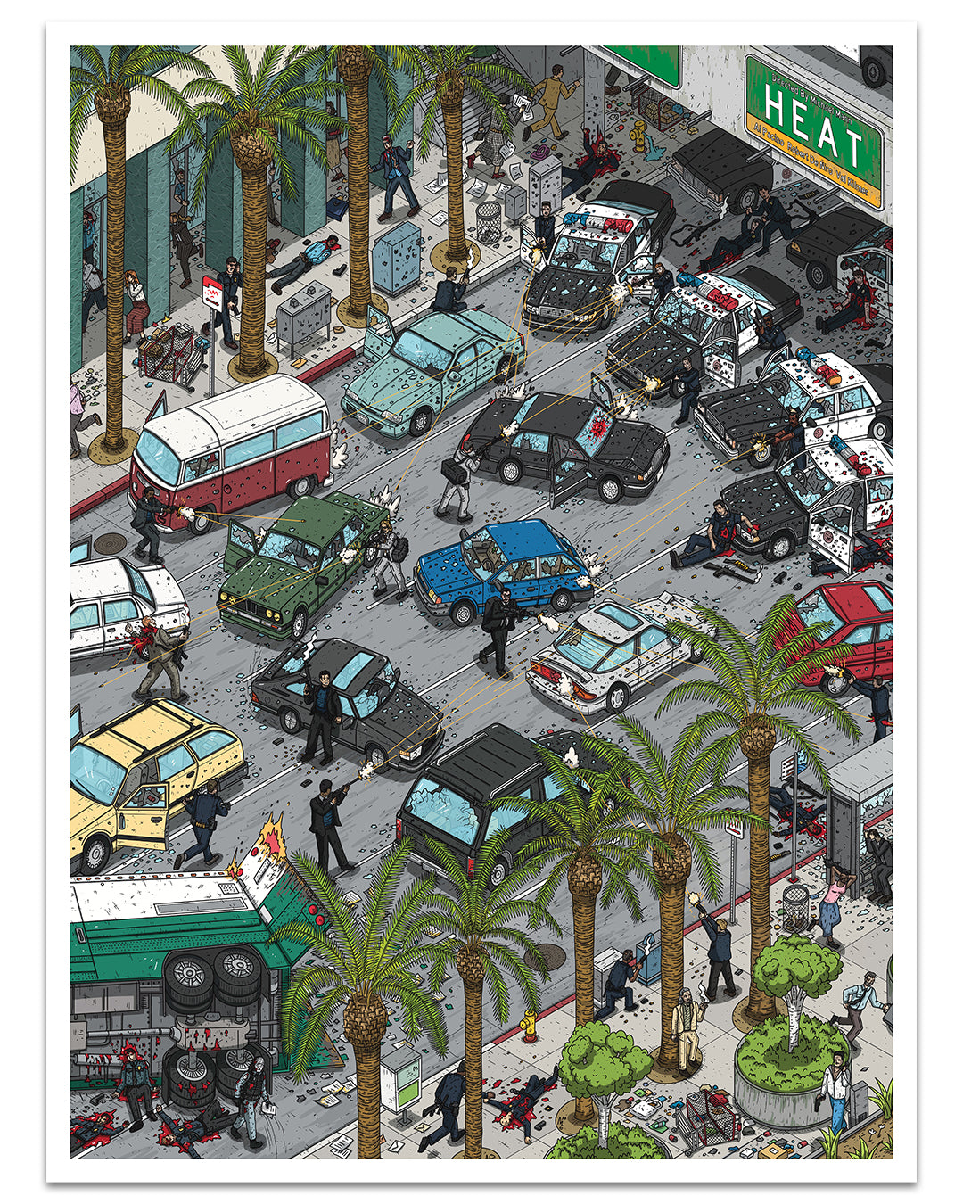 Illustration of a busy city street with cars, pedestrians, and palm trees.