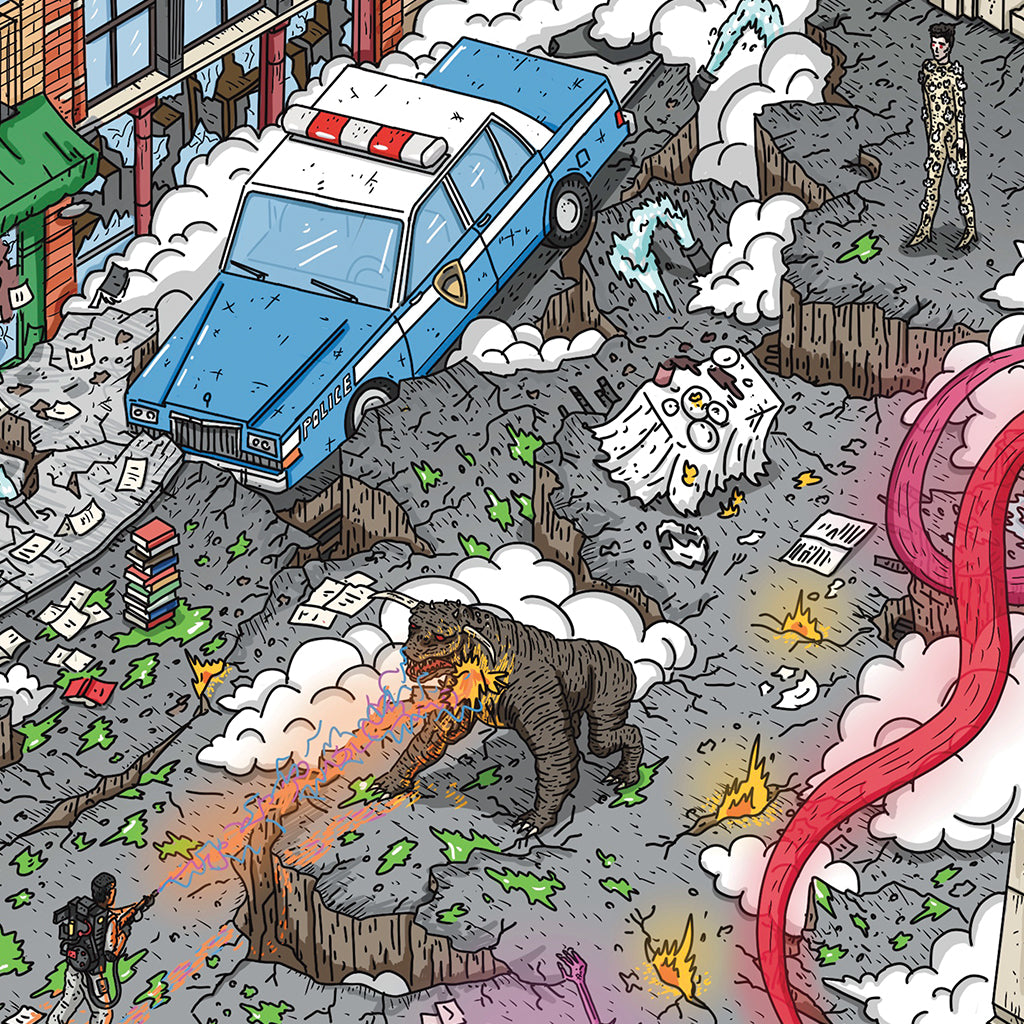 Chaos erupts in this Liam Tooher Ghostbusters art print, as a police car tilts on cracked ground amid clouds, scattered books and papers, a ghost, a fire-breathing gorilla, a jumpsuited figure, and a huge tentacle invading from the right.