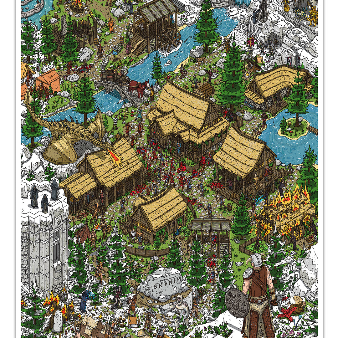 Illustrated scene of a medieval Nordic village in snowy mountains, with wooden houses, pine trees, rivers, crowds, and a warrior with shield and axe. Archival pigment print by Liam Tooher. Reminiscent of The Elder Scrolls V: Skyrim.