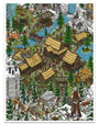 Illustrated scene of a medieval Nordic village in snowy mountains, with wooden houses, pine trees, rivers, crowds, and a warrior with shield and axe. Archival pigment print by Liam Tooher. Reminiscent of The Elder Scrolls V: Skyrim.