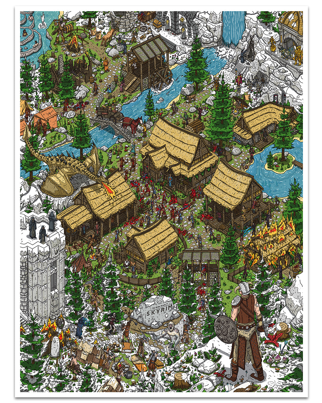Illustrated scene of a medieval Nordic village in snowy mountains, with wooden houses, pine trees, rivers, crowds, and a warrior with shield and axe. Archival pigment print by Liam Tooher. Reminiscent of The Elder Scrolls V: Skyrim.