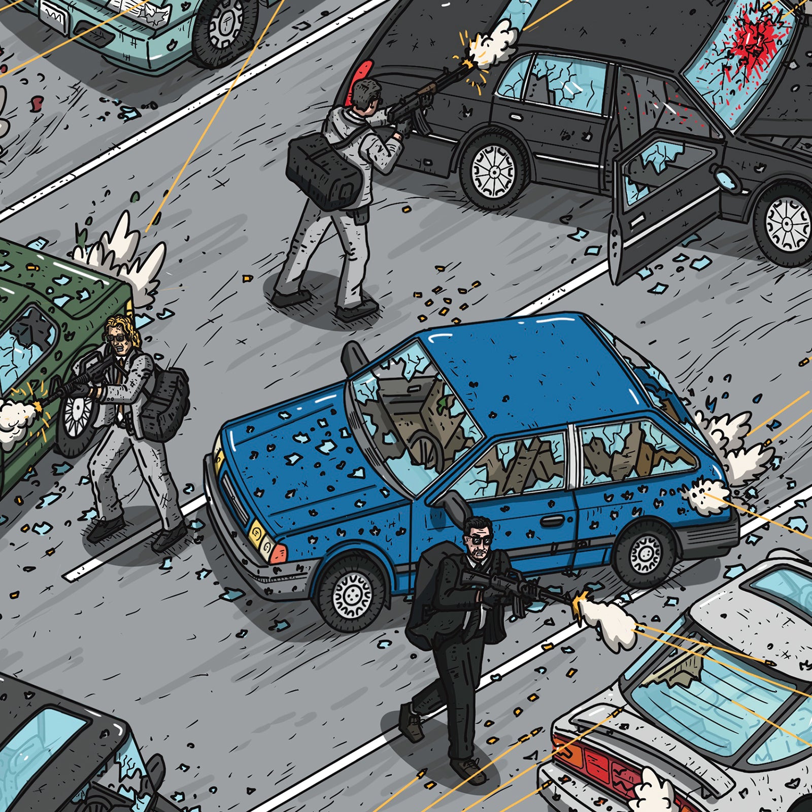 Cartoon-style illustration of a chaotic street scene with characters and vehicles.