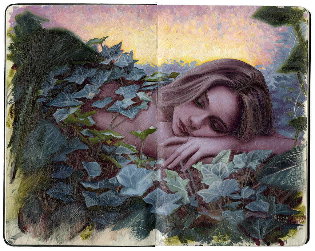 painting in an open face Moleskine sketchbook of a blonde woman sleeping in a patch of ivy plants with a sunrise in the background by artist Rod Luff