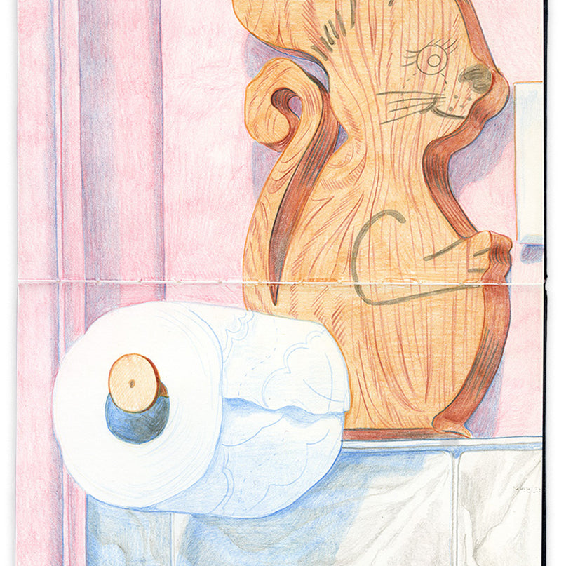 Illustration in an open face Moleskine notebook of a wooden mouse toilet paper roll holder against a pink background by artist Lulu White