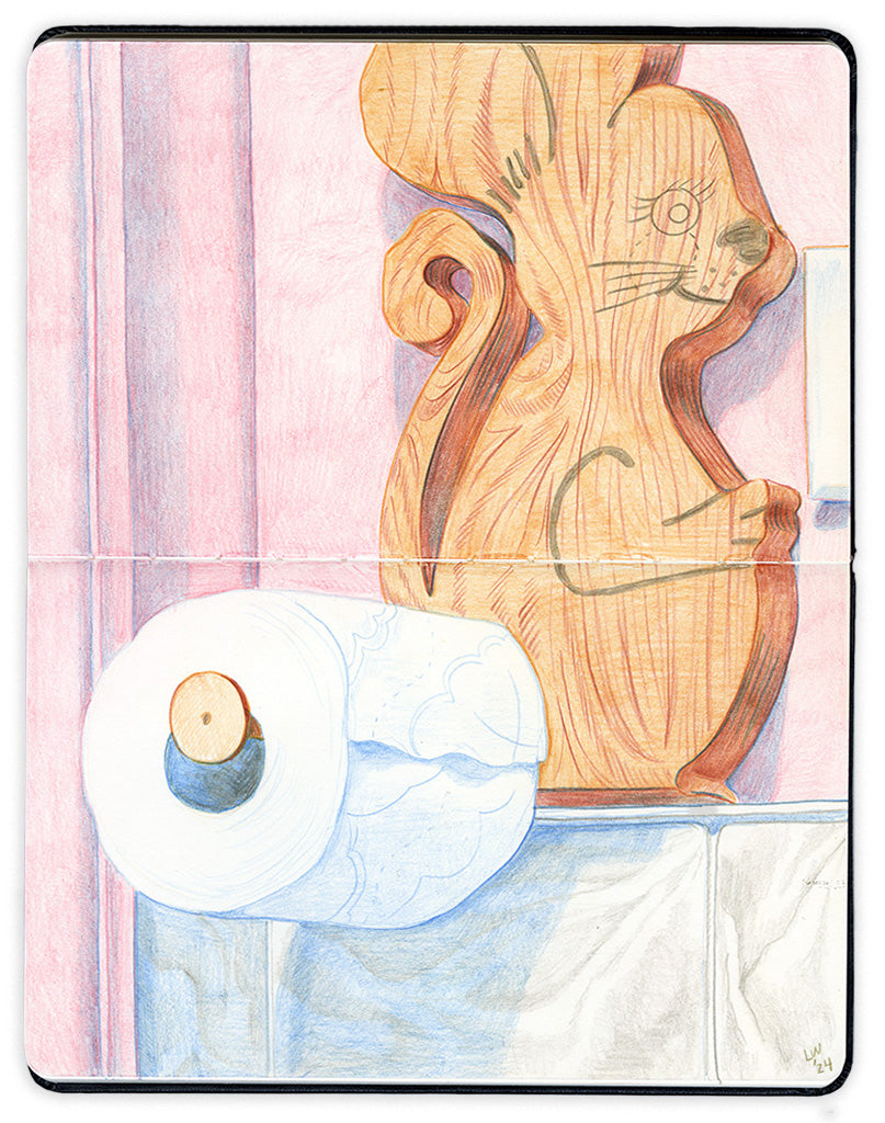 Illustration in an open face Moleskine notebook of a wooden mouse toilet paper roll holder against a pink background by artist Lulu White