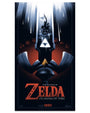 Lyndon Willoughby’s stylized screen print poster for The Legend of Zelda: Ocarina of Time features Link’s silhouette with sword, a glowing Triforce, dramatic red-and-black background, and the game title plus release date.