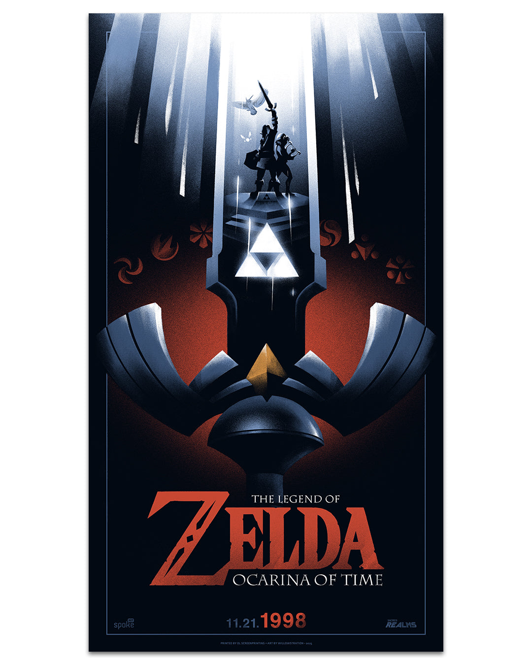 Lyndon Willoughby’s stylized screen print poster for The Legend of Zelda: Ocarina of Time features Link’s silhouette with sword, a glowing Triforce, dramatic red-and-black background, and the game title plus release date.