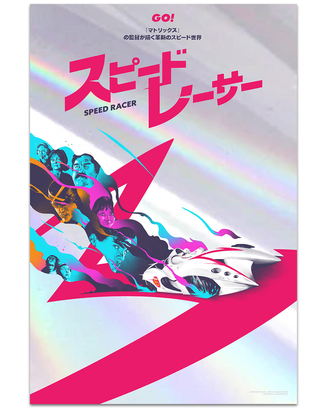 A stylized Speed Racer poster by Lyndon Willoughby showcases vibrant pink Japanese text, the English title, colorful characters, and a white race car racing over rainbow-tinted lines on a metallic screen print background.