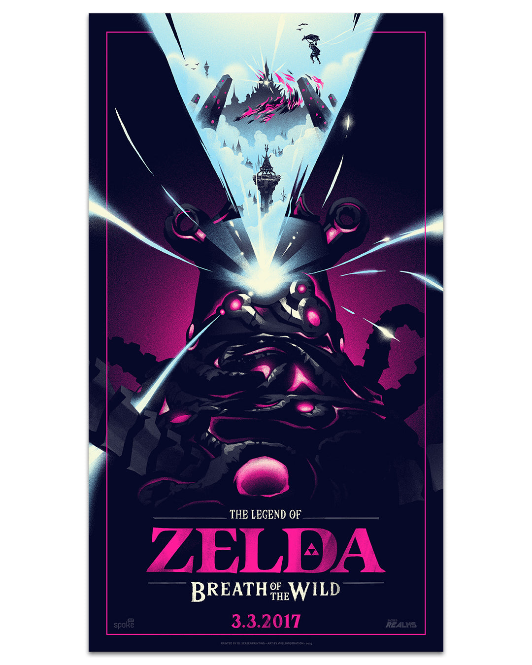 Screen-printed poster by Lyndon Willoughby for The Legend of Zelda: Breath of the Wild features a dark figure with glowing pink accents against a mountainous backdrop with structures. Release date 3.3.2017 is displayed at the bottom.