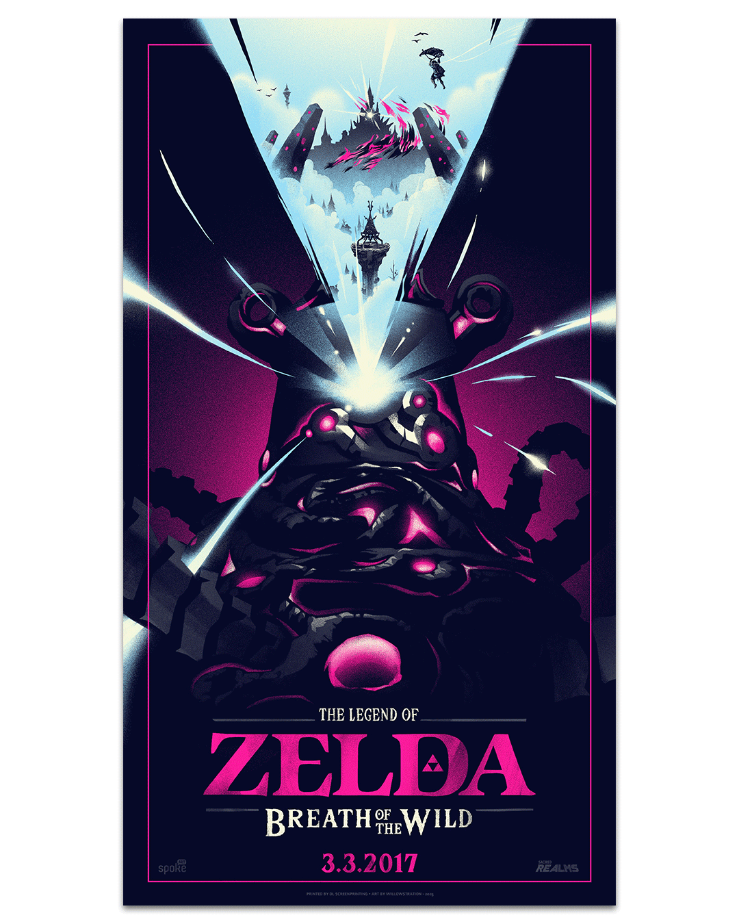 Lyndon Willoughby screen print poster for The Legend of Zelda: Breath of the Wild, featuring a Guardian robot and Hyrule Castle, released 3.3.2017.