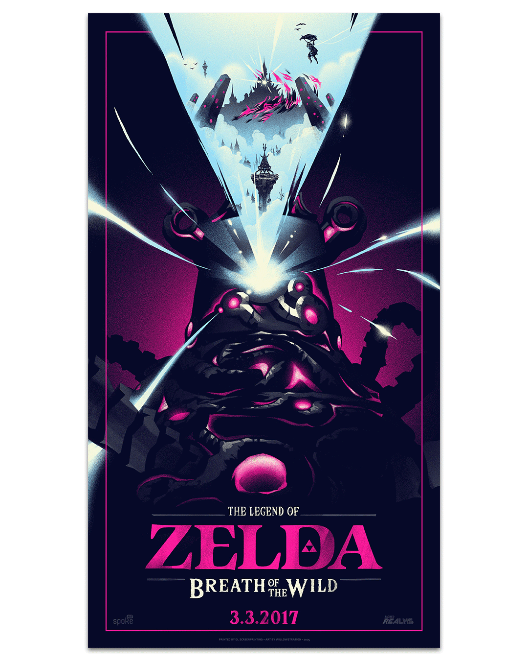 Lyndon Willoughby screen print poster for The Legend of Zelda: Breath of the Wild, featuring a Guardian robot and Hyrule Castle, released 3.3.2017.