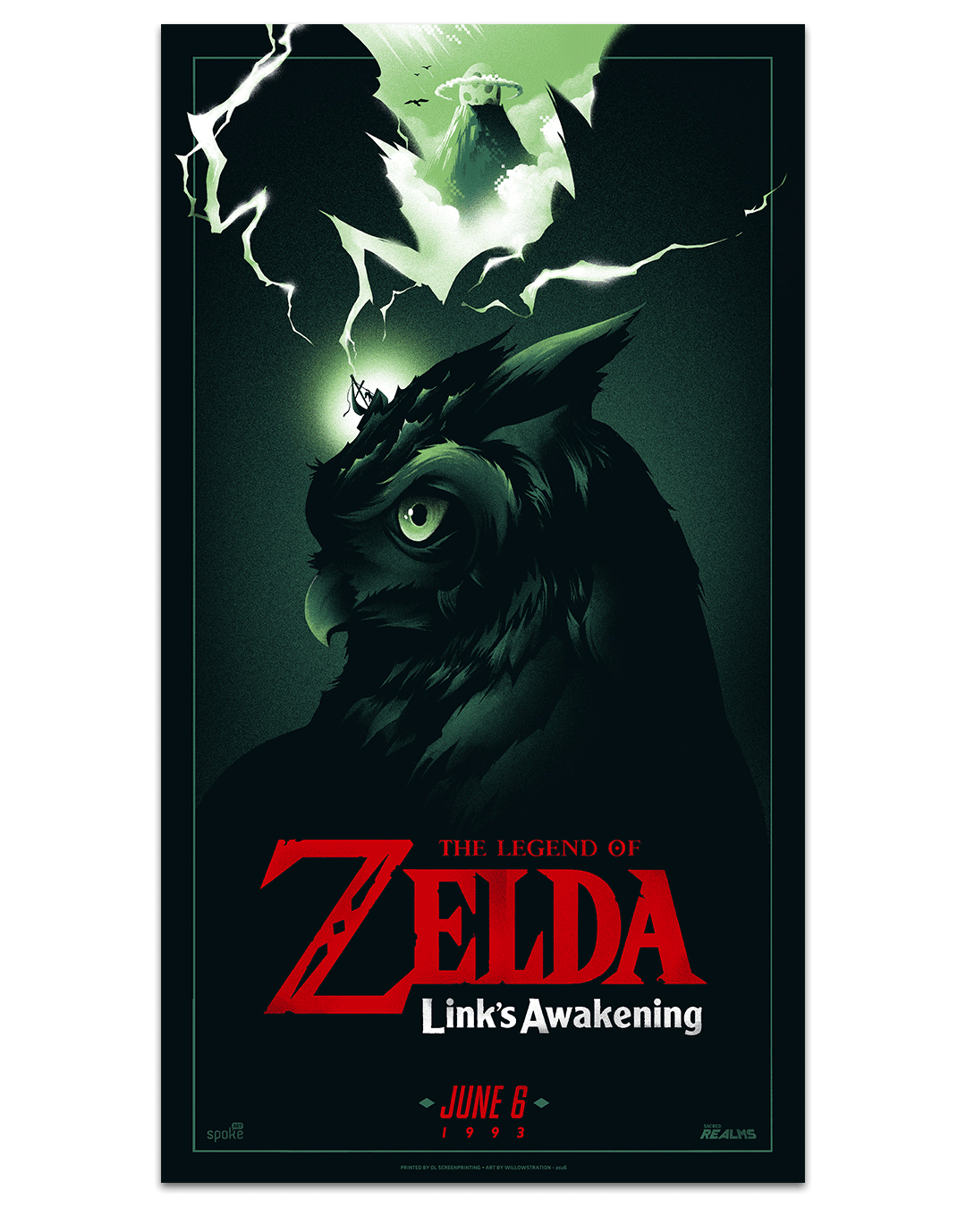Lyndon Willoughby’s stylized screen print poster for The Legend of Zelda: Link’s Awakening features a serious owl, lightning, and a shadowy figure, with the game title and June 6, 1993 release date below.
