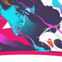 A vibrant illustration by Lyndon Willoughby features a serious figure with blue-tinted skin next to a white race car numbered 5, inspired by Speed Racer, set against bold pink, purple, and blue graphic shapes.