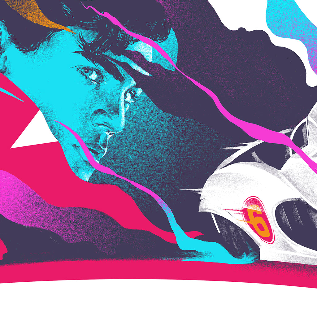 A vibrant illustration by Lyndon Willoughby features a serious figure with blue-tinted skin next to a white race car numbered 5, inspired by Speed Racer, set against bold pink, purple, and blue graphic shapes.