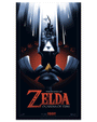 Lyndon Willoughby’s stylized screen print poster for The Legend of Zelda: Ocarina of Time shows Link and Epona silhouetted atop a glowing sword with the Triforce, dramatic beams, and a red mask motif; release date below.