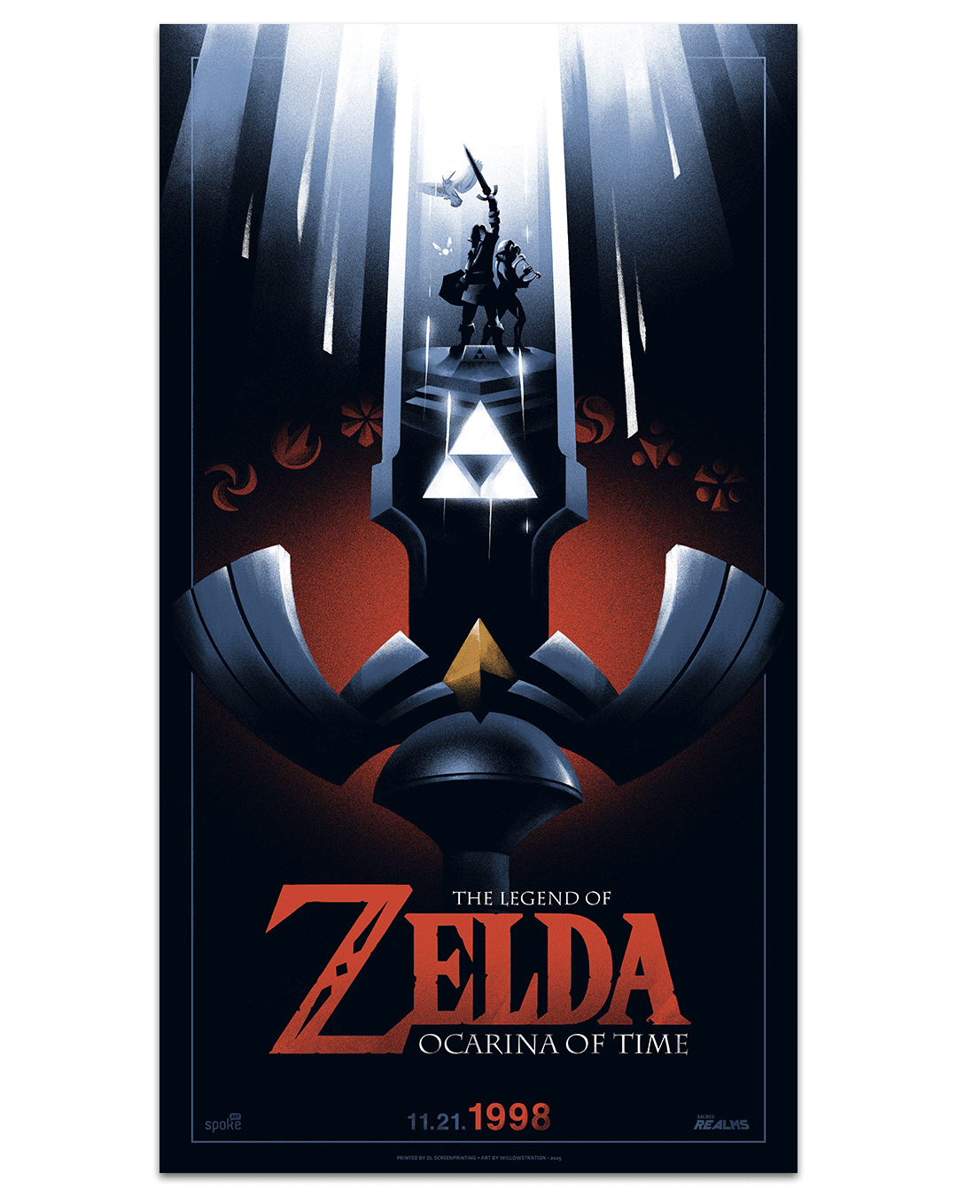 Lyndon Willoughby’s stylized screen print poster for The Legend of Zelda: Ocarina of Time shows Link and Epona silhouetted atop a glowing sword with the Triforce, dramatic beams, and a red mask motif; release date below.
