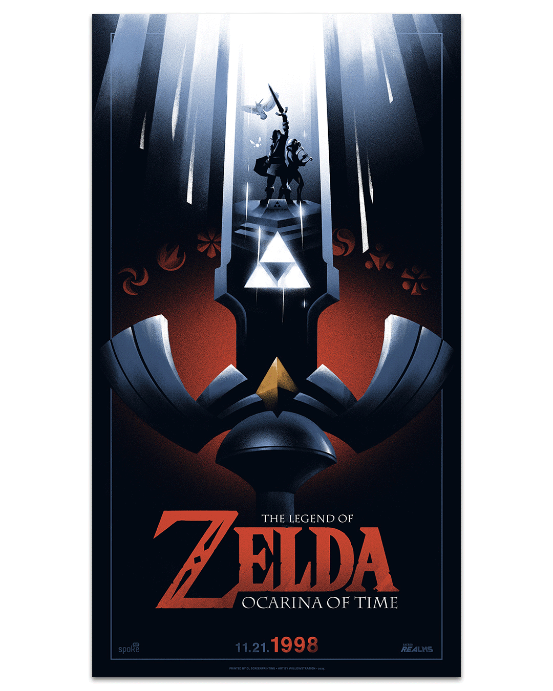 Lyndon Willoughby’s stylized screen print poster for The Legend of Zelda: Ocarina of Time shows Link and Epona silhouetted atop a glowing sword with the Triforce, dramatic beams, and a red mask motif; release date below.