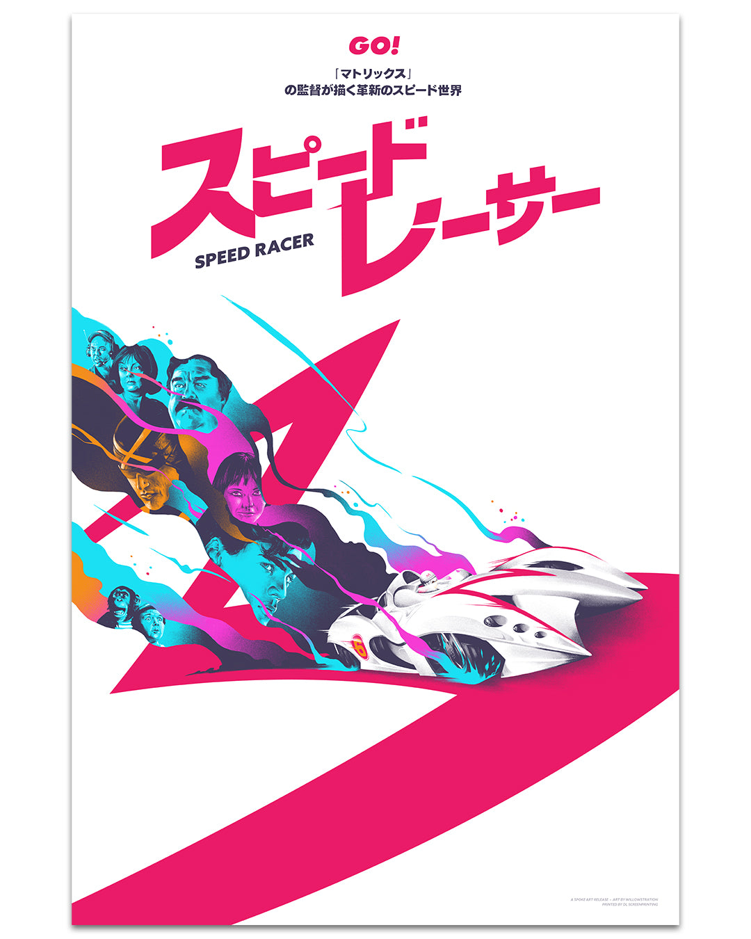 A stylized screen print poster by Lyndon Willoughby features the Mach 5 car from Speed Racer racing forward, with dynamic pink and blue lines and illustrated character faces, plus bold Japanese and English text at the top.
