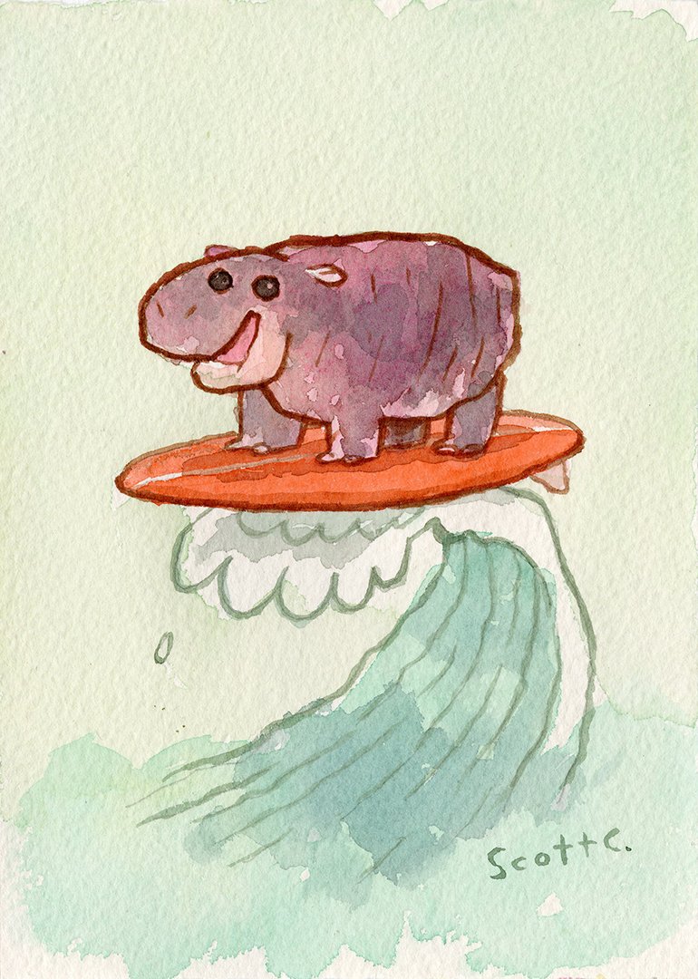 A cheerful purple hippo stands on an orange surfboard, riding a blue wave. This whimsical watercolor art by Scott C. features the artists signature in the bottom right corner.