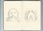 pencil sketch in an open face Moleskine notebook of a heavily bearded man with long hair wearing a beanie on one side, and on the other side a shaggy long-haired dog by artist Matthew Grabelsky