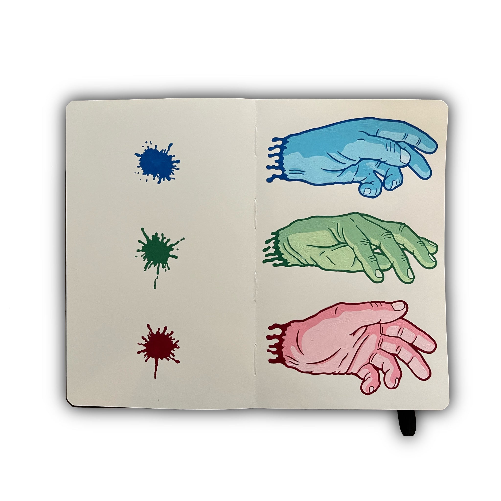 open face Moleskine with the painting of three severed hands in blue, green, and red on one page and blood drops in correlating colors on the other page by artist Matt Ritchie