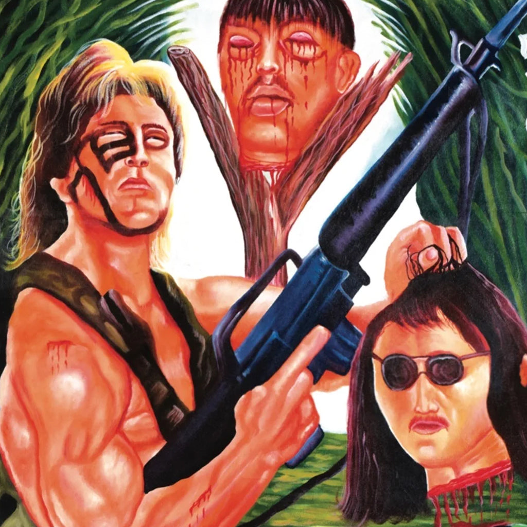 A muscular figure with face paint and a large rifle stands before a vibrant Deadly Prey-inspired backdrop in this digital print, featuring a severed head on a stake and another character in sunglasses.