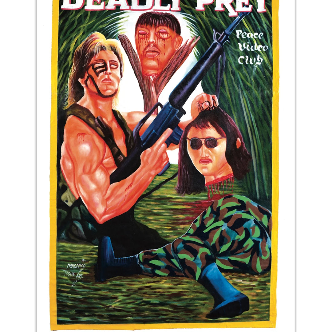 Deadly Prey digital print: features a hand-painted movie poster with a muscular figure holding a rifle, a camouflaged person in sunglasses, and a large face backdrop. Includes “DEADLY PREY” and “Peace Video Club” text. Brand: Deadly Prey.