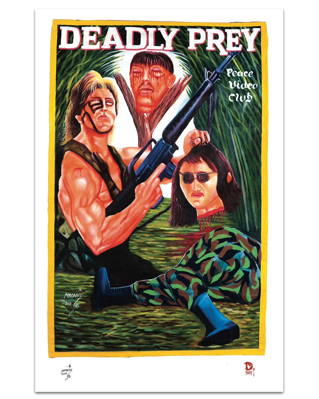 Deadly Prey digital print: features a hand-painted movie poster with a muscular figure holding a rifle, a camouflaged person in sunglasses, and a large face backdrop. Includes “DEADLY PREY” and “Peace Video Club” text. Brand: Deadly Prey.