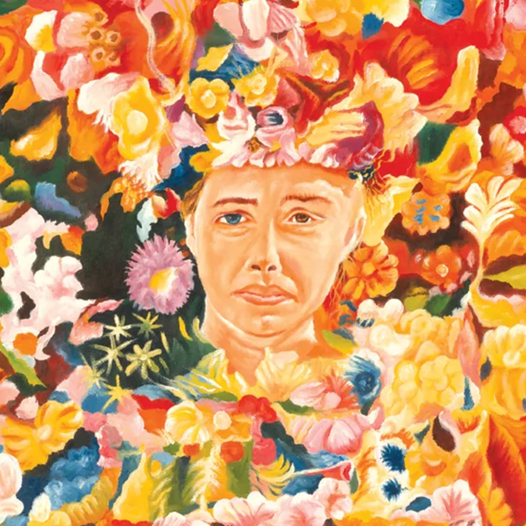 A person with a neutral expression merges into a vivid, dense array of colorful flowers—ideal as a digital print on 100lb card stock from Deadly Prey.