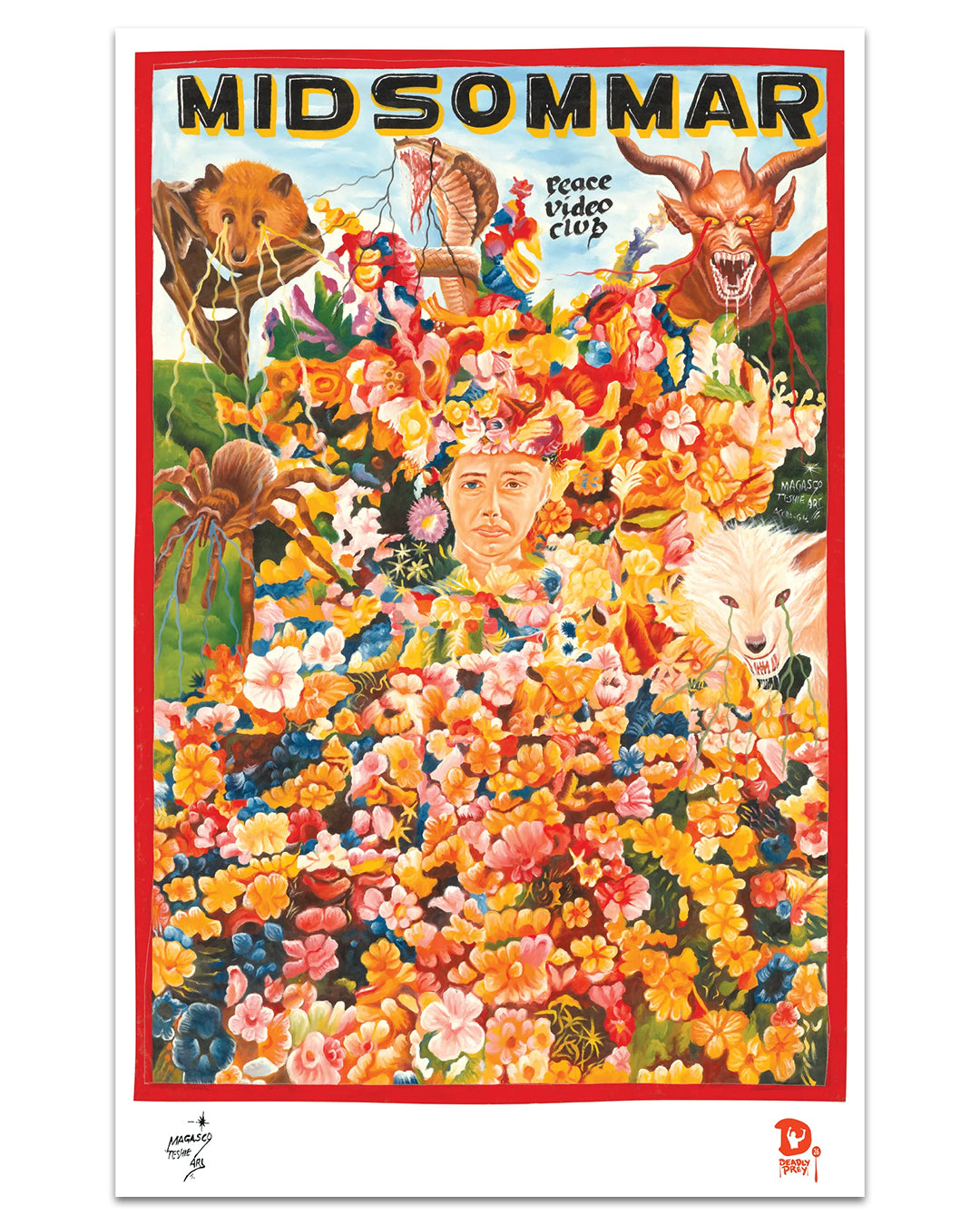 Deadly Prey's Midsommar poster features a central face amid vibrant flowers, animals, and mythical creatures. Digitally printed on 100lb card stock, the artwork is crowned with a bold MIDSOMMAR title at the top.