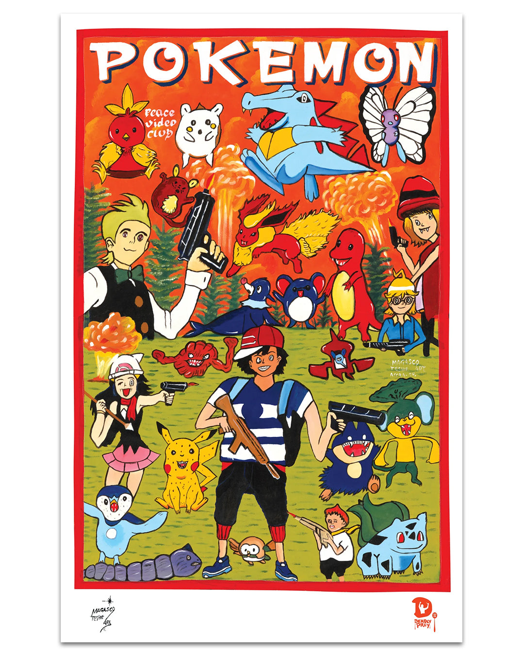 A Deadly Prey art print parodies Pokémon with vivid chaos: various Pokémon and humans wield guns on an orange background under "POKEMON." This digital print fuses playful and intense vibes in a bold, exaggerated scene.