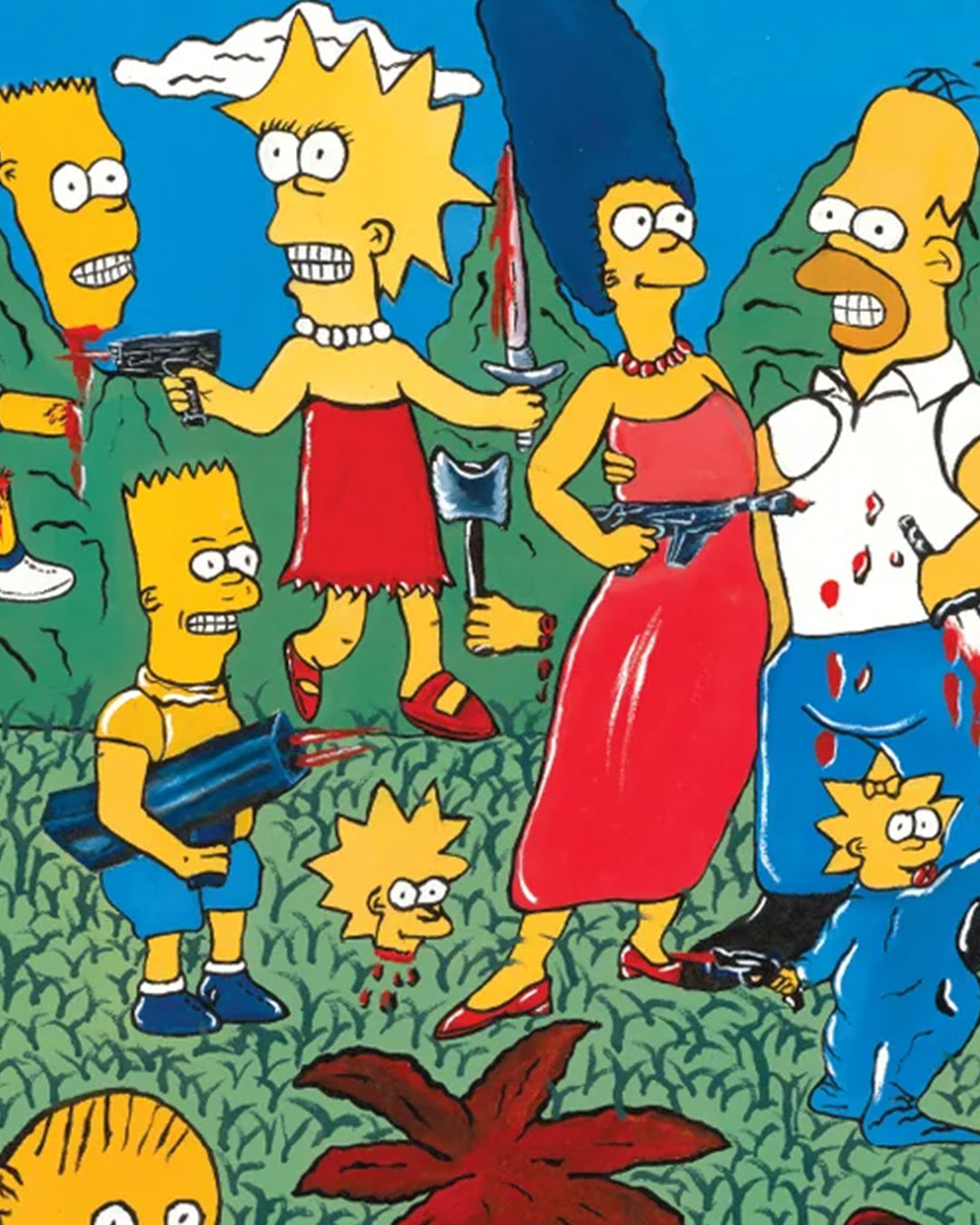 Deadly Prey presents a vibrant digital print featuring cartoon characters, inspired by The Simpsons, holding guns and weapons.