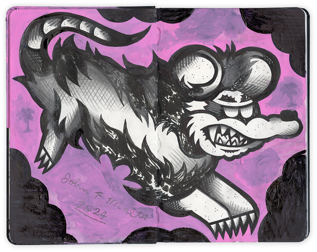 illustration in an open face Moleskine notebook of a gray and black patterned rat against a purple background by artist John F. Malta