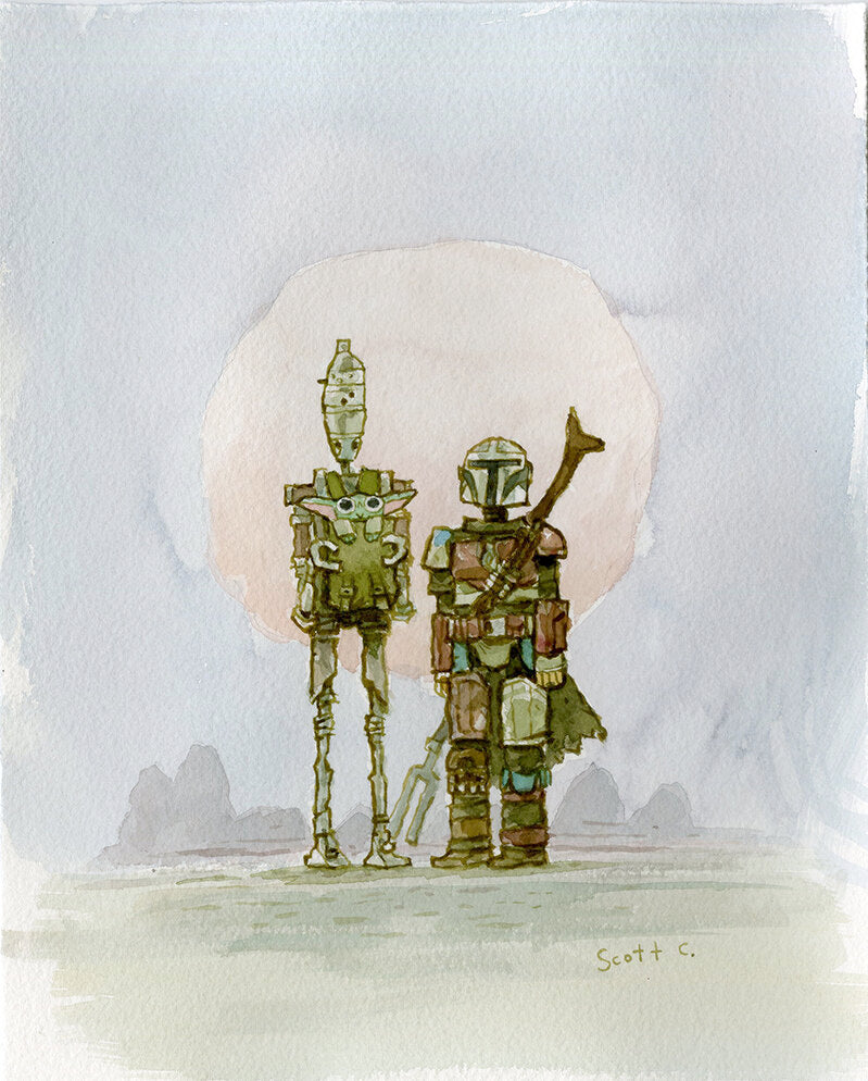 A watercolor on paper by Scott C. shows a tall, skinny robot and an armored figure side by side before a large sun and distant hills, signed by the artist in the bottom right corner.