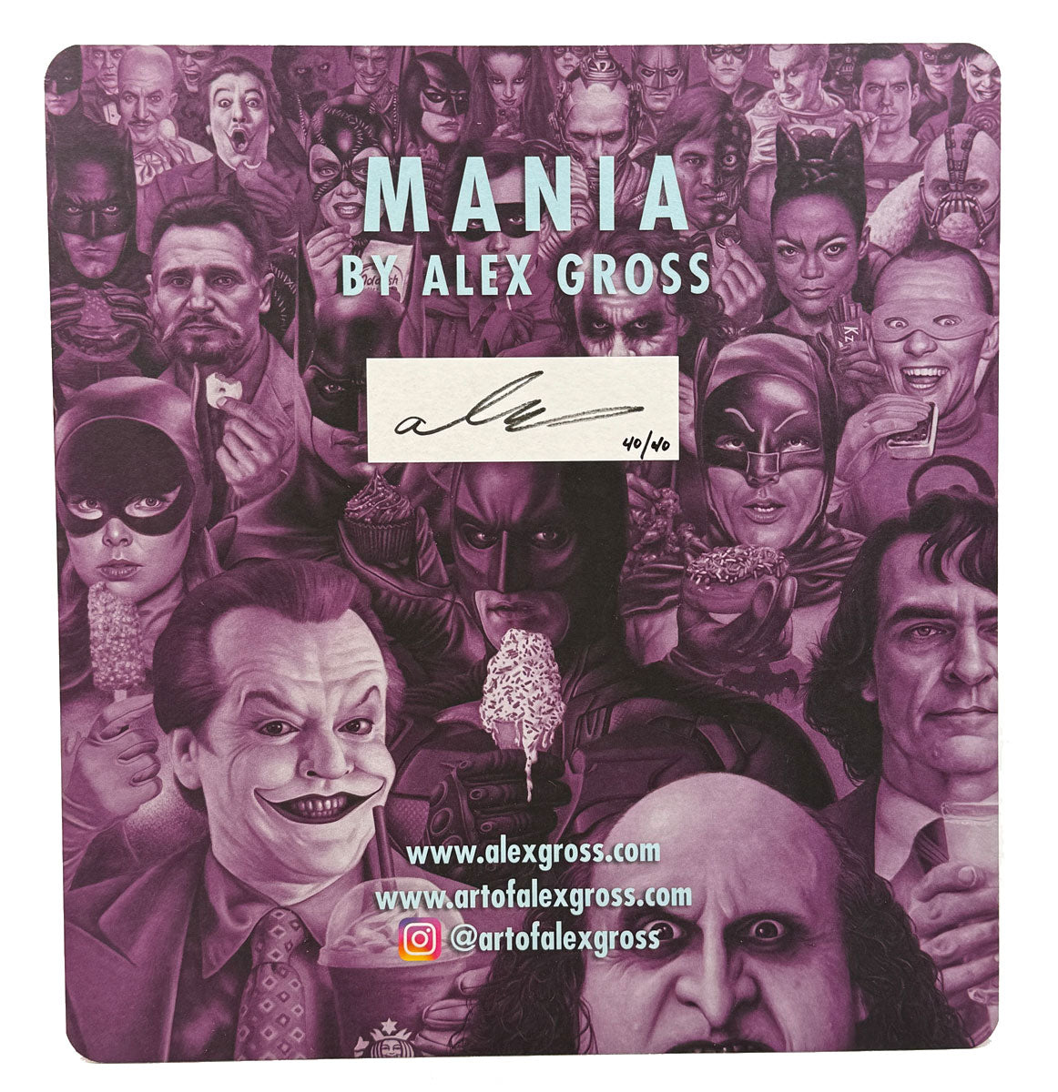 A collage of illustrated purple-toned villainous faces from movies and comics is featured, with the "Alex Gross" brand name and the artist’s signature prominently displayed in the center, along with website and social media links at the bottom. This striking piece showcases Alex Gross's distinctive style—ideal for fans who appreciate his signed and numbered releases as well as his resin figure creations.