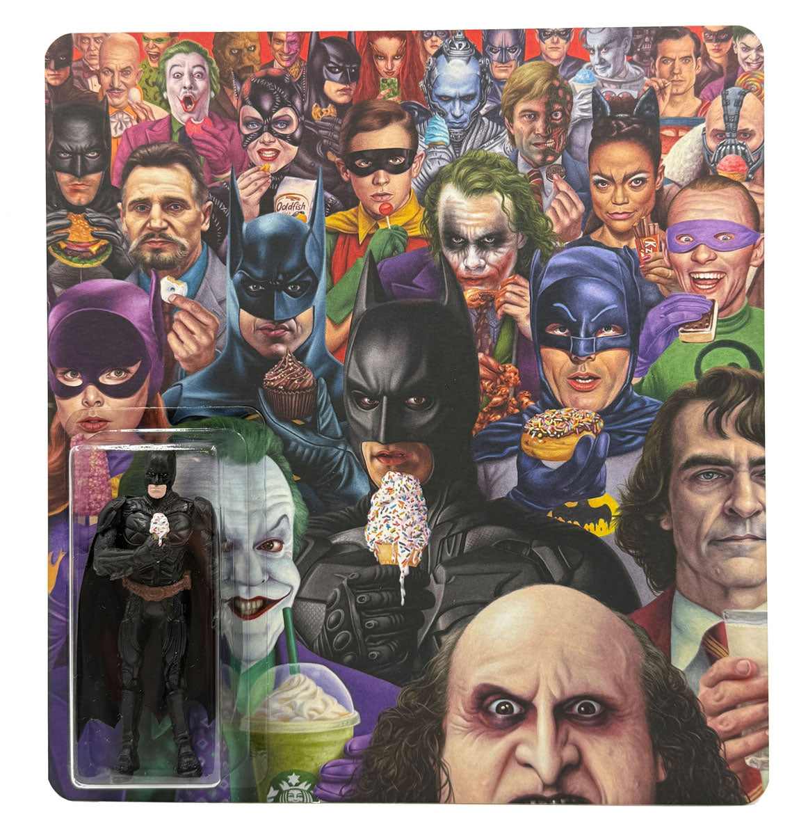 A collage of Batman characters—including Batman himself, his villains, and allies—enjoying ice cream and desserts. In the bottom left corner, a signed and numbered Batman resin figure holding an ice cream cone by Alex Gross is included in the packaging.