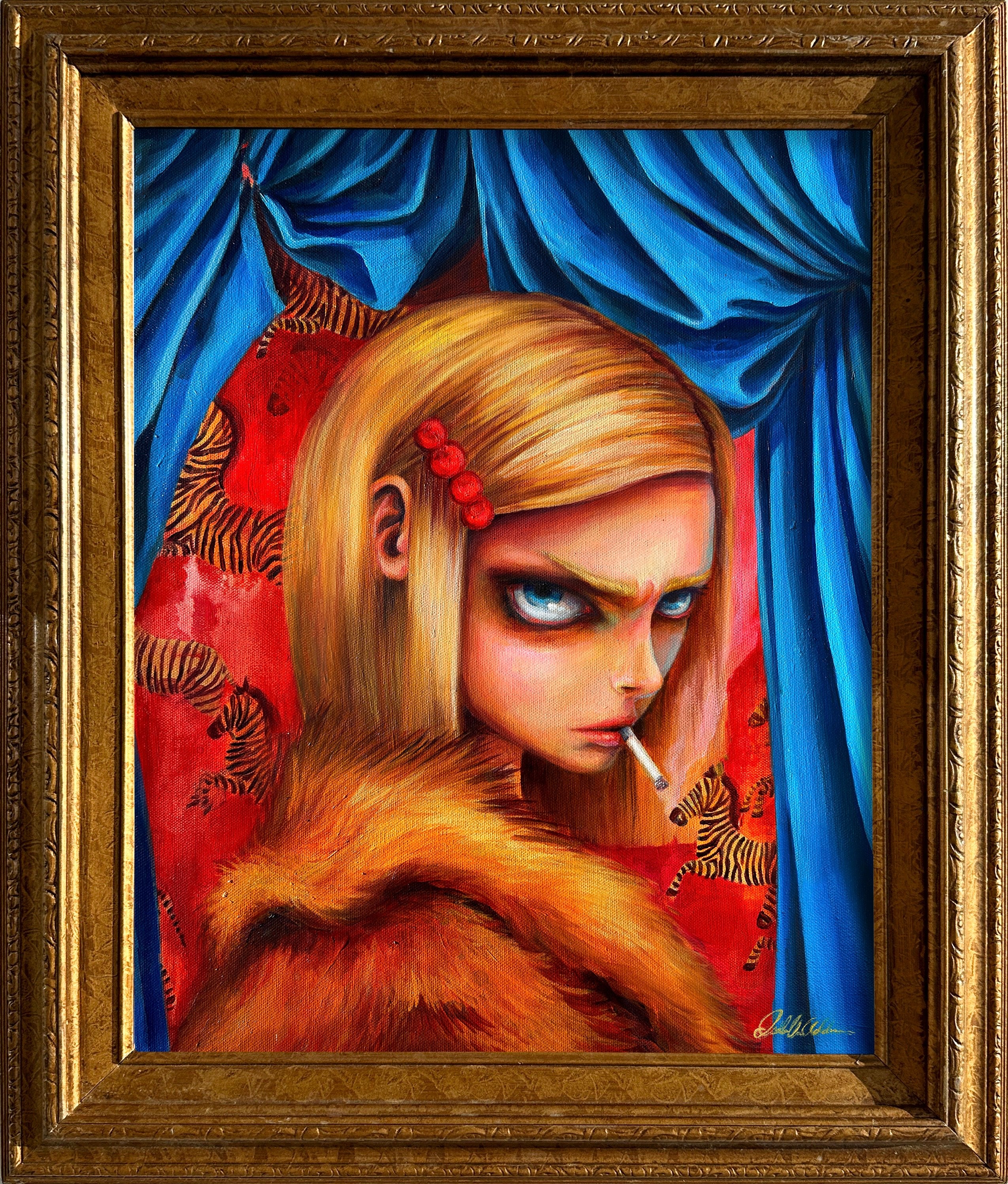 Acrylic on canvas painting featuring a woman with intense eyes, a cigarette, fur coat, and red hairpin against blue curtains and zebra print. This artwork, in a gold frame, echoes Isabella Addisons style.