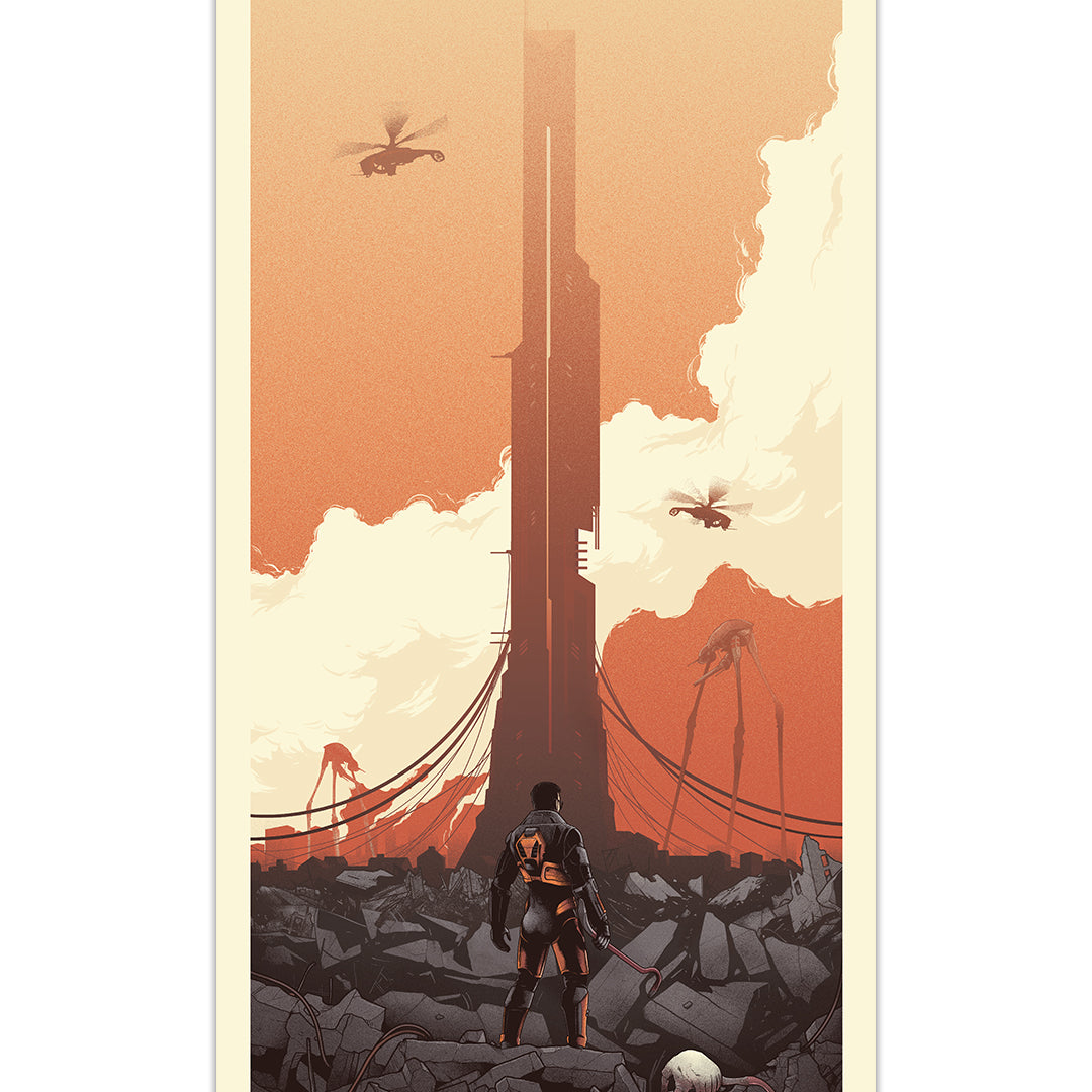 A lone armored figure stands among rubble, facing a damaged tower under an orange sky. Debris, cables, two hovering drones, and a dystopian feel define this archival pigment print by Mark Bell.