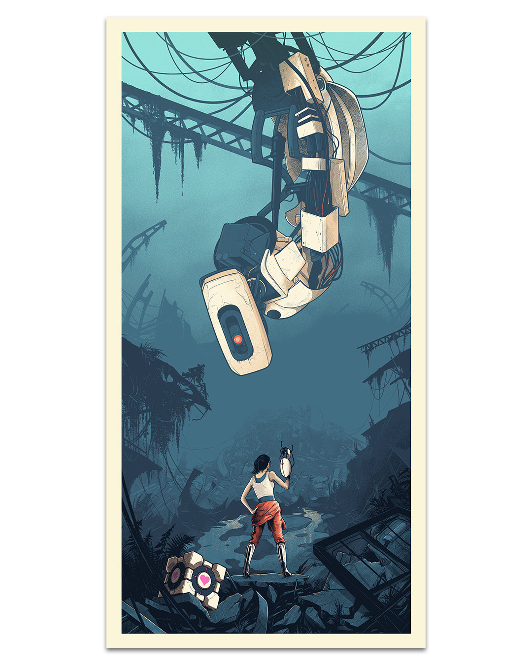 A woman in orange pants confronts a massive robot in a ruined, overgrown facility amid broken structures and a heart cube, depicted in this limited edition Mark Bell art.