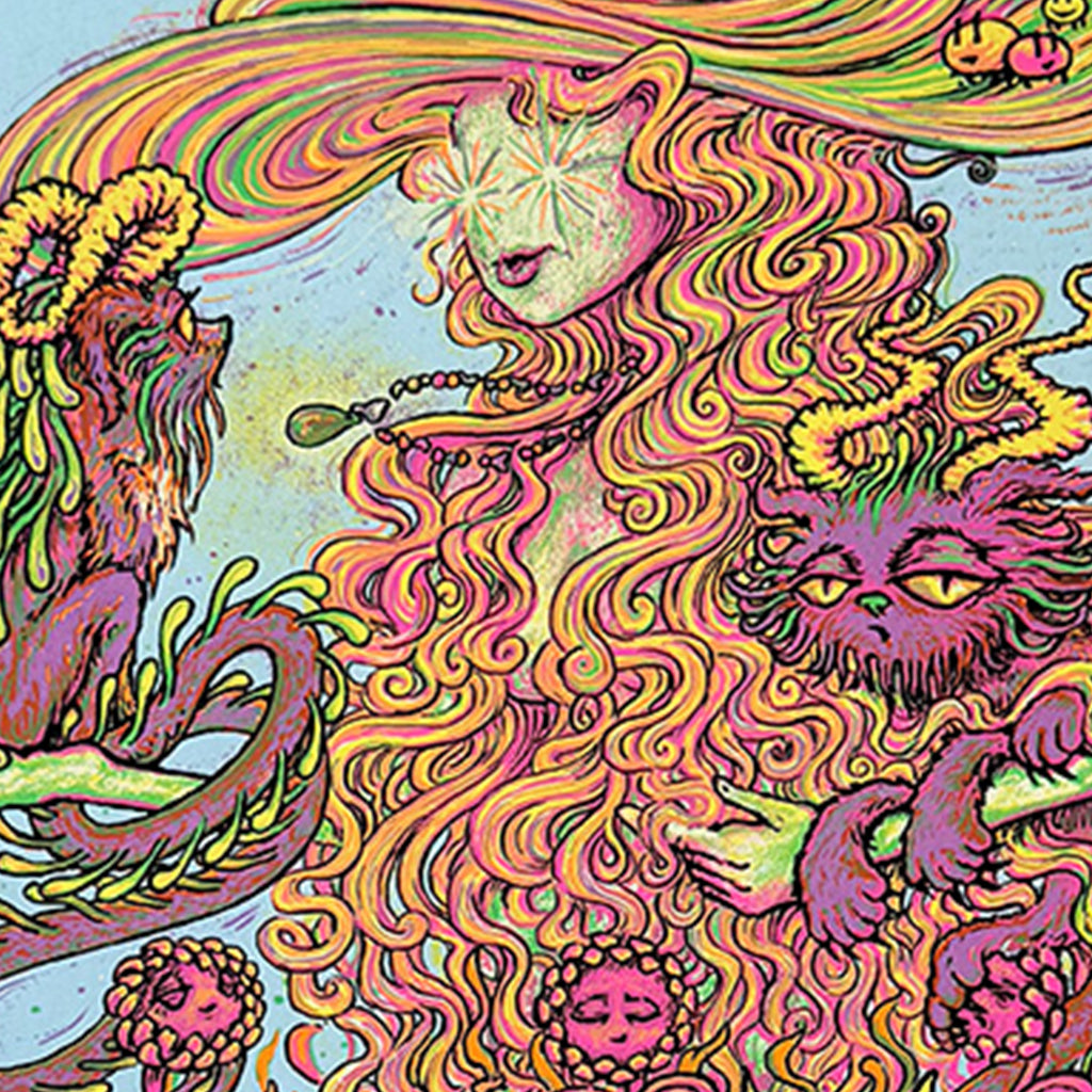 A vibrant, psychedelic Marq Spusta-inspired illustration features a woman with glowing eyes, flowing hair, and whimsical animals amid fantastical foliage—an eye-catching choice for a dazzling screen print.